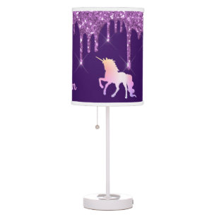 Unicorn glitter purple rose gold monogram name table lamp