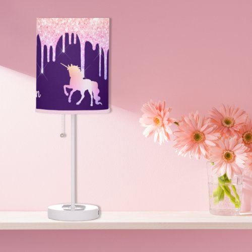 Unicorn glitter purple rose gold monogram name table lamp