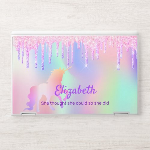 Unicorn glitter purple rose gold motivational text HP laptop skin