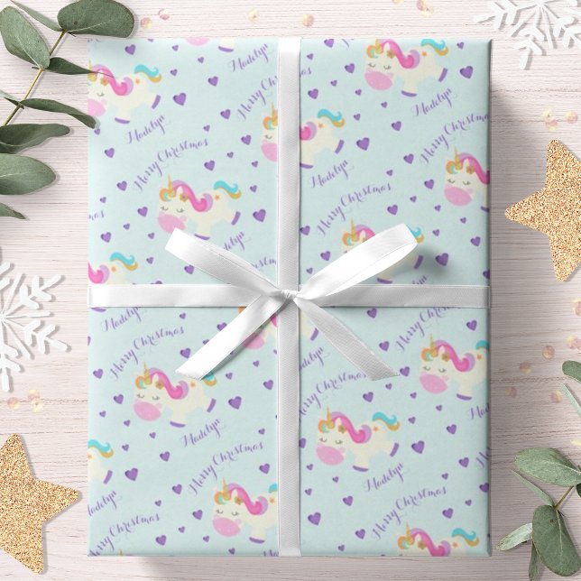 Unicorn Glitter Rainbow Aqua Christmas Wrapping Paper