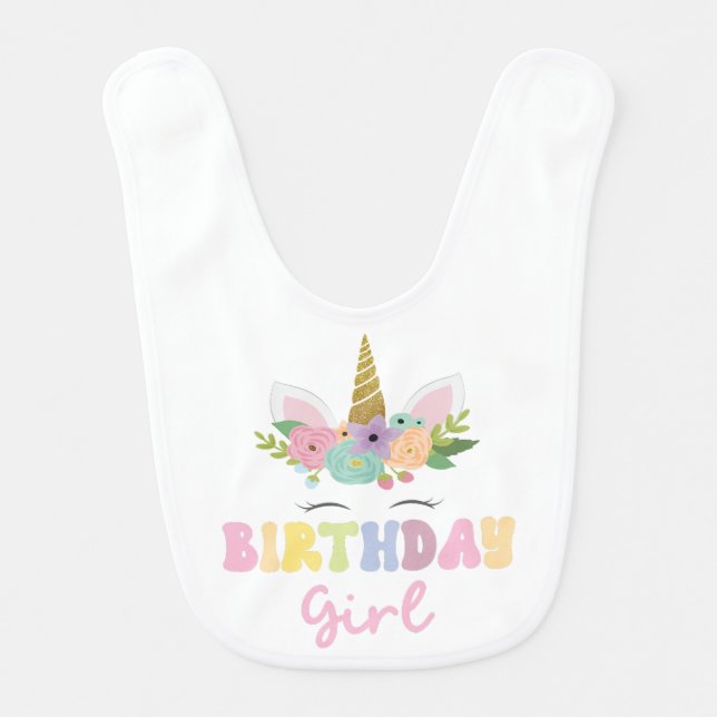 Unicorn Glitter Rainbow Birthday Girl Party Outfit Baby Bib (Front)