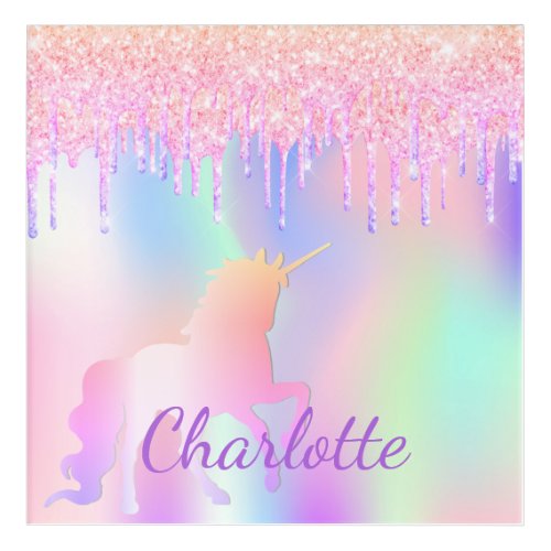 Unicorn glitter rainbow monogram name holographic acrylic print