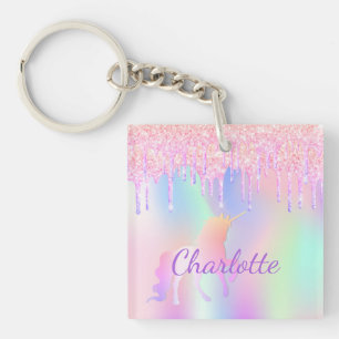 Unicorn glitter rainbow monogram name holographic keychain