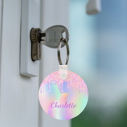 Unicorn glitter rainbow monogram name holographic keychain