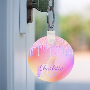 Unicorn glitter rainbow monogram name holographic keychain