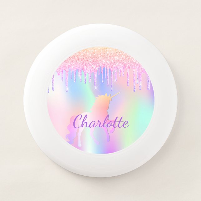 Unicorn glitter rainbow monogram name holographic  Wham-O frisbee (Front)