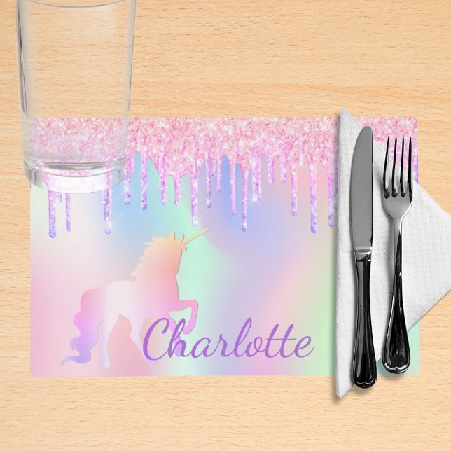 Unicorn glitter rainbow name holographic placemat (Creator Uploaded)