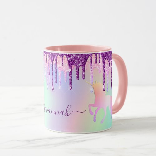 Unicorn glitter rainbow pink monogram holographic mug