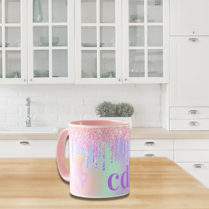 Unicorn glitter rainbow pink monogram holographic mug