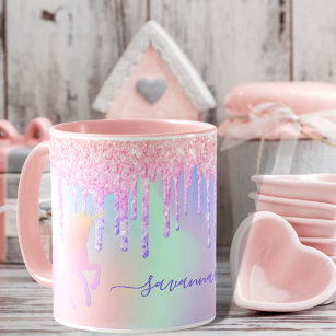 Unicorn glitter rainbow pink monogram holographic mug