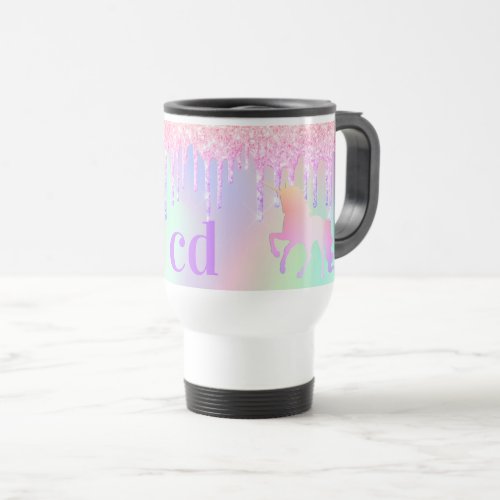 Unicorn glitter rainbow pink monogram holographic  travel mug