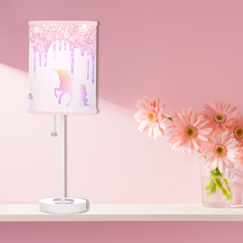 Unicorn glitter rose gold pink monogram name table lamp