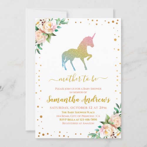 Unicorn Glitter Sillhouette Cute Baby Girl Shower Invitation