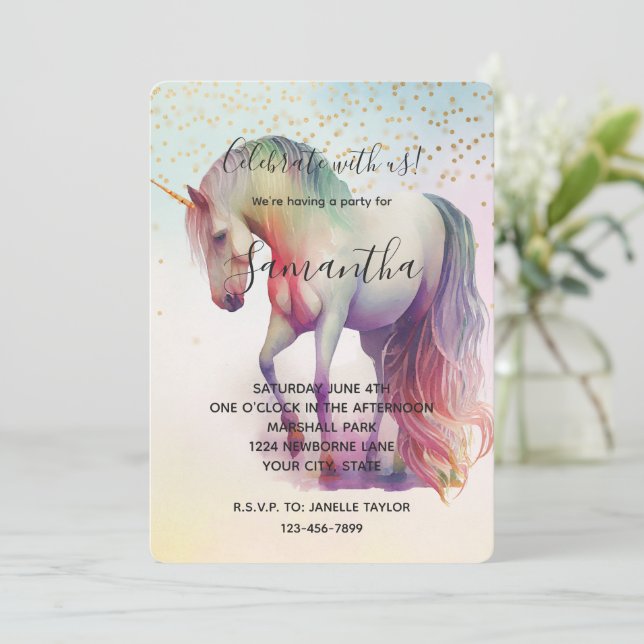 Unicorn Gold Confetti Sparkle Birthday Invitation (Standing Front)