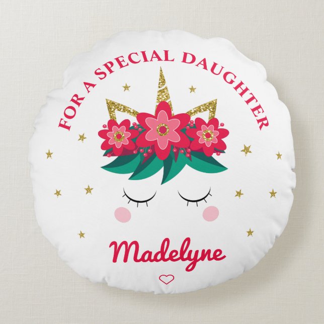 Unicorn Gold Glitter Daughter Christmas Round Pillow (Front)