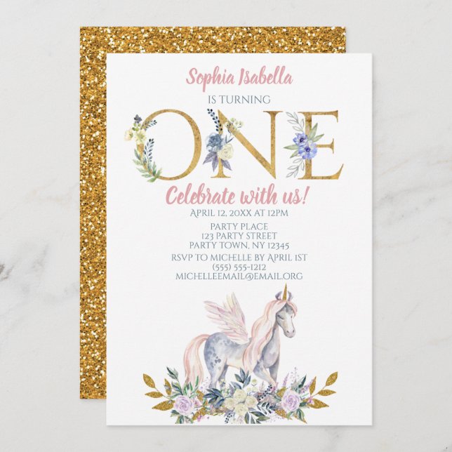 Unicorn Gold Glitter First Birthday Invitation (Front/Back)