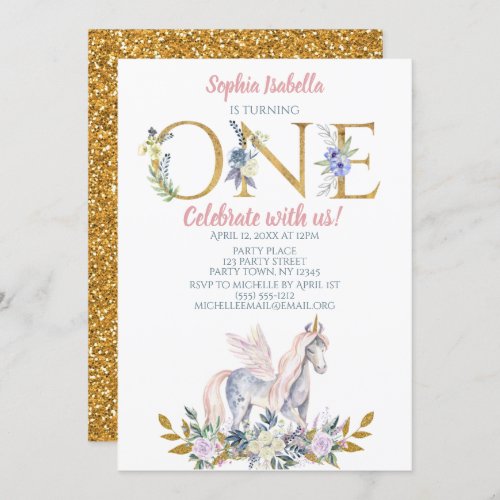 Unicorn Gold Glitter First Birthday Invitation