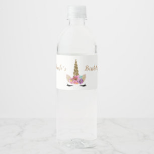 Unicorn Gold Glitter Floral Custom Birthday Party Water Bottle Label