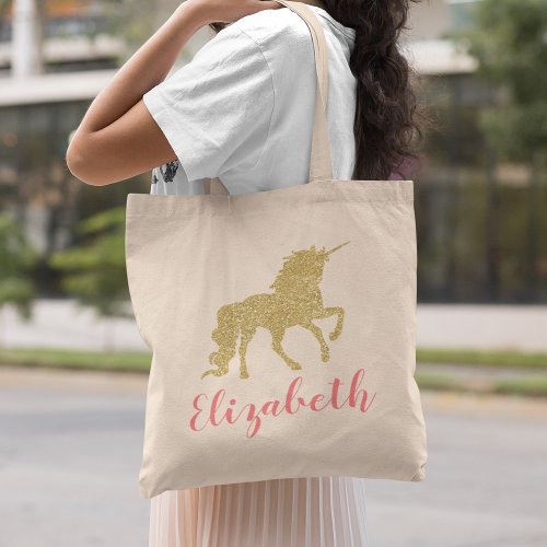 Unicorn Gold Glitter Girly Personalized Name Tote Bag