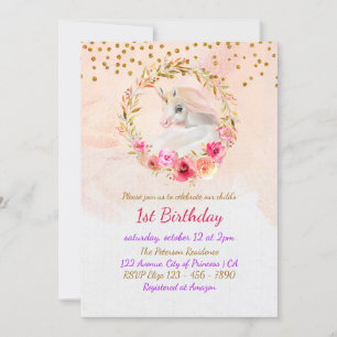 Unicorn Gold Glitter Pink Baby Girl First Birthday Invitation