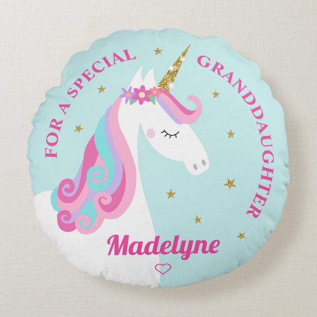 Unicorn Gold Glitter Stars Aqua Granddaughter Round Pillow (Front)