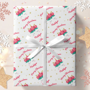 Unicorn Gold Glitter Stars Personalized Christmas Wrapping Paper