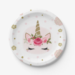 Unicorn Gold Pink Floral Blooms Cute Trendy Party Paper Plates
