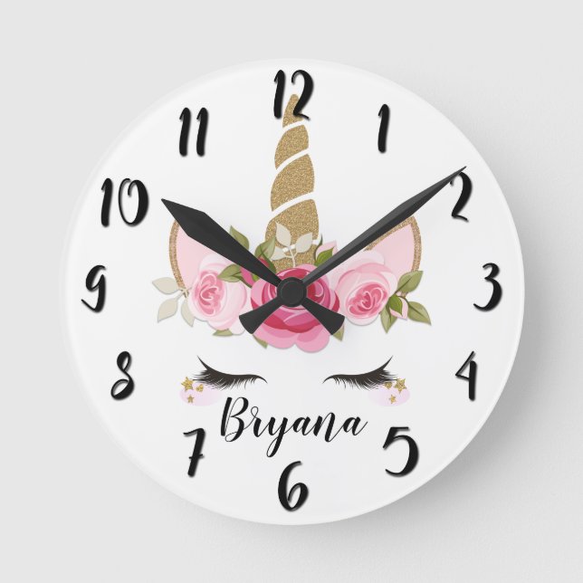 Unicorn Gold Pink Floral Cute Trendy Bedroom Round Round Clock (Front)