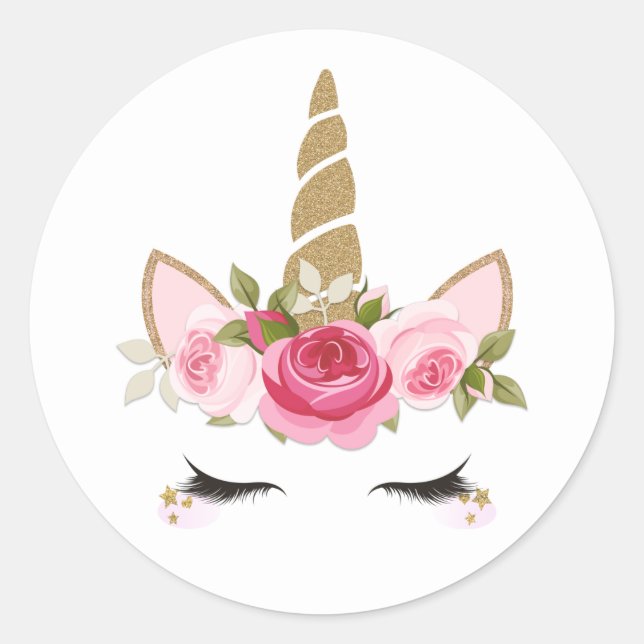 Unicorn Gold Pink Floral Cute Trendy Classic Round Sticker (Front)