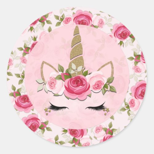 Unicorn Gold Pink Floral Roses Cute Trendy  Classic Round Sticker