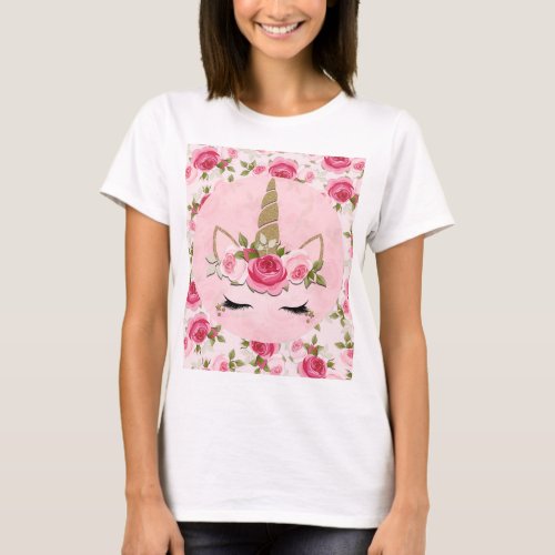 Unicorn Gold Pink Floral Roses Cute Trendy Girly  T_Shirt