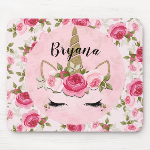 Unicorn Gold Pink Floral Roses Cute Trendy  Mouse Pad