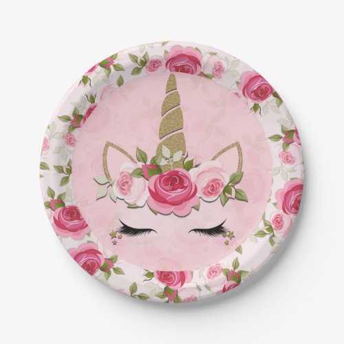 Unicorn Gold Pink Floral Roses Cute Trendy  Paper Plates