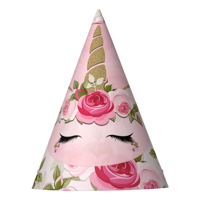 Unicorn Gold Pink Floral Roses Cute Trendy Party Hat (Front)