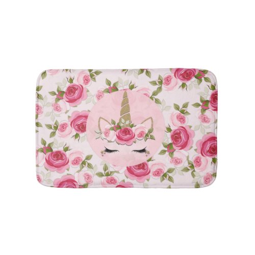 Unicorn Gold Pink Floral Roses Cute Trendy  Shower Bath Mat