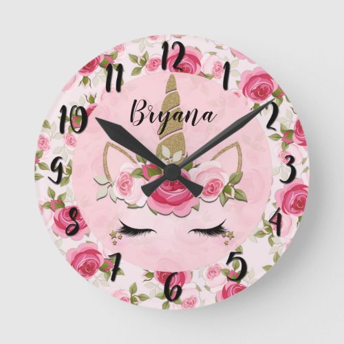 Unicorn Gold Pink Floral Roses Trendy Bedroom  Round Clock