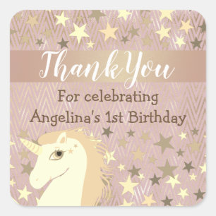 Unicorn Gold Stars 1st Birthday Thank You Square Sticker