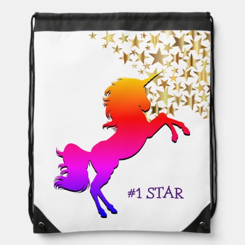 UNICORN  Gold Stars  White Personalized Drawstring Bag