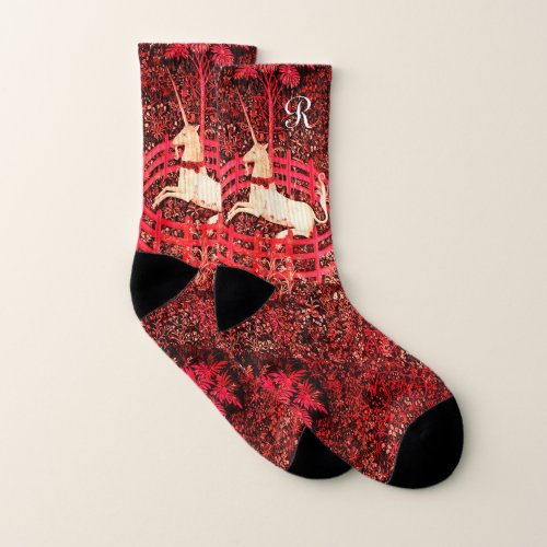 UNICORN GOTHIC FANTASY FLOWERSFLORAL MOTIFS Red Socks