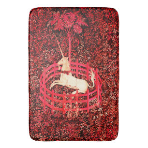 UNICORN GOTHIC FANTASY FLOWERS,RED FLORAL MOTIFS BATH MAT