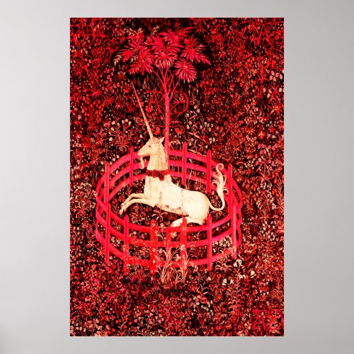 UNICORN GOTHIC FANTASY FLOWERSRED FLORAL MOTIFS POSTER