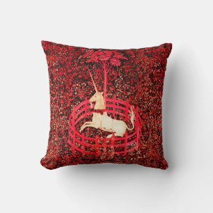 UNICORN ,GOTHIC FANTASY FLOWERS,RED FLORAL MOTIFS THROW PILLOW