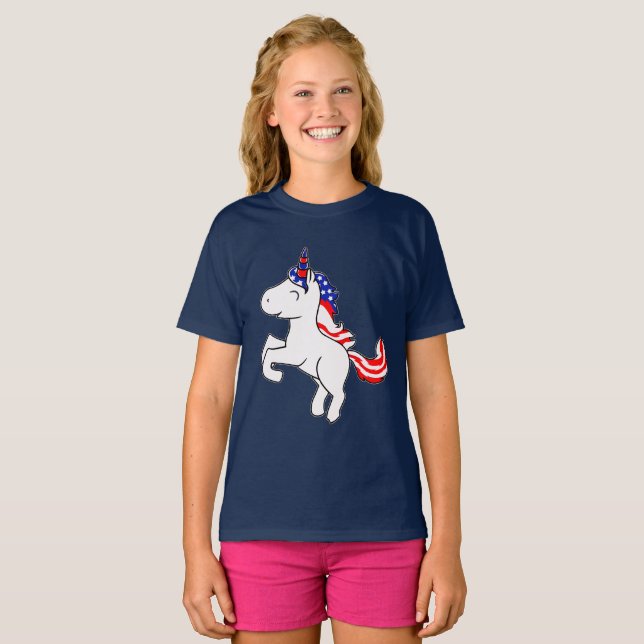 Unicorn Gray Patriotic USA Flag Cartoon Girls T-Shirt (Front Full)
