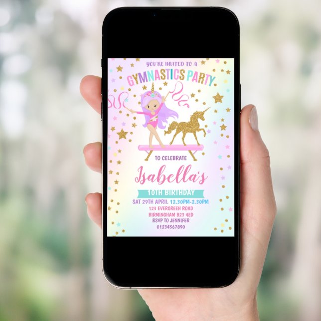 Unicorn Gymnastics birthday Invitation (Front Digital)
