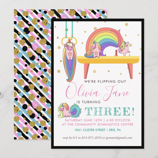 Unicorn Gymnastics Birthday Party Invitation (Front/Back)