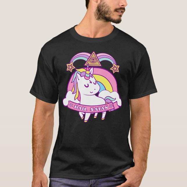 Unicorn Hail Satan Death Metal Rainbow Gift T-Shirt (Front)