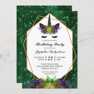 Unicorn Halloween Floral Green Sparkle Birthday Invitation