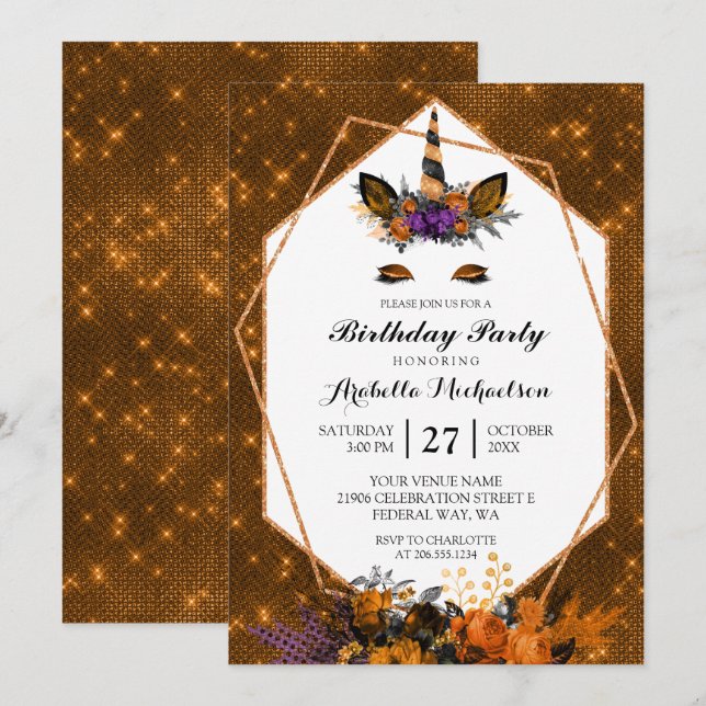 Unicorn Halloween Floral Sparkle Birthday Invitation (Front/Back)