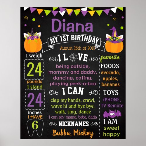 Unicorn Halloween Pumpkin First Birthday board Poster