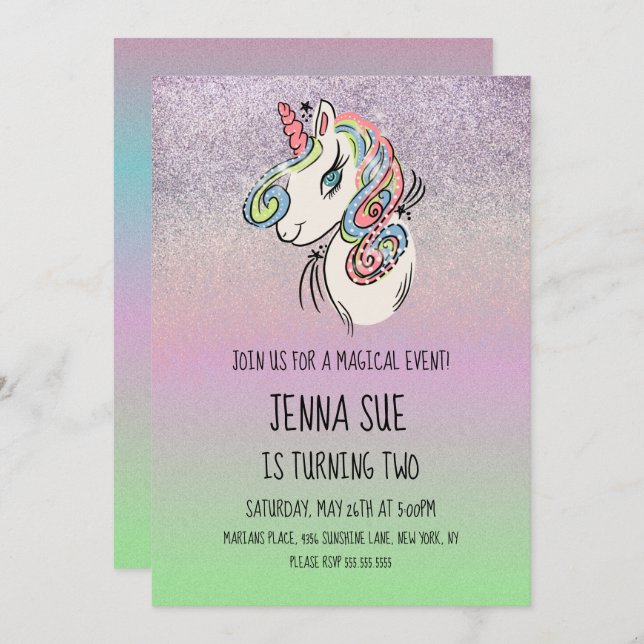 Unicorn  Hand Drawn Ombré Birthday Party Invitation (Front/Back)